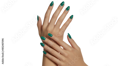 Elegant hands with long stiletto nails painted in deep emerald green polish isolated on transparent background