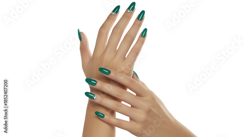 Beautiful female hands with elegant dark green manicure and small rhinestones on transparent background