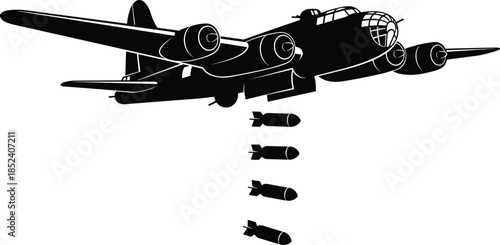 Military bomber aircraft silhouette dropping bombs, World War aviation attack plane isolated on white background vector illustration historic aerial combat