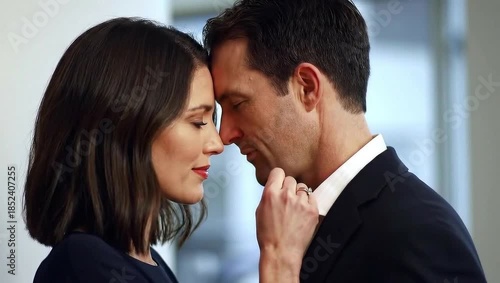 Close up of an affectionate couple with foreheads touching for intimacy concept and lasting relationship in modern setting