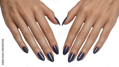 Closeup of two hands with dark blue almondshaped manicured nails forming a heart shape against a transparent background