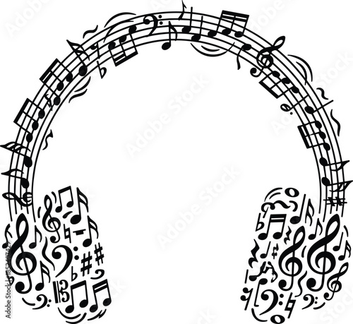 Music headphones silhouette made of musical notes, creative audio sound art illustration isolated on white background for entertainment design concepts