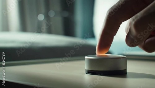 Human finger pressing a futuristic smart home device on a sleek table in a modern interior for home automation concept and IoT technology
