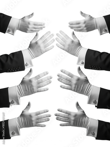 Eight hands in white gloves reaching towards each other in a symmetrical arrangement isolated on transparent background