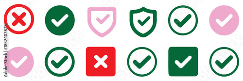 Check mark icon set. Check box icon with right and wrong buttons and yes or no checkmark icons in green tick box and red cross. vector illustration .