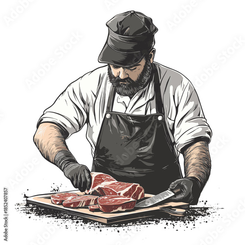 Butcher prepares meat cut , vector style simple color
