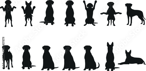 Black and White Dog Silhouette Illustration Featuring 20 Unique Poses in Two Rows, Perfect for Pet Design and Graphics