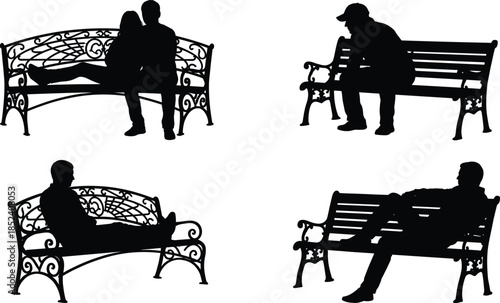 People sitting on park bench silhouette set, relaxation loneliness couple rest concept, outdoor leisure urban life isolated vector illustration