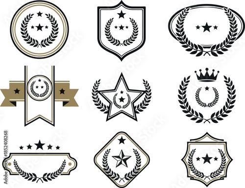 Elegant Set of Laurel Wreath Emblems with Stars for Award Recognition