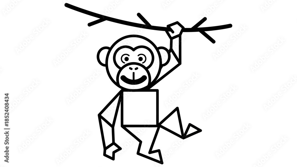 Fototapeta premium Geometric monkey illustration swinging from a tree branch black and white design