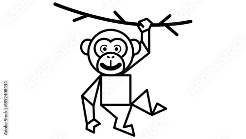 Geometric monkey illustration swinging from a tree branch black and white design