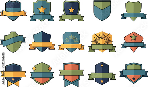 Collection of decorative shields with ribbons for custom emblems and badges