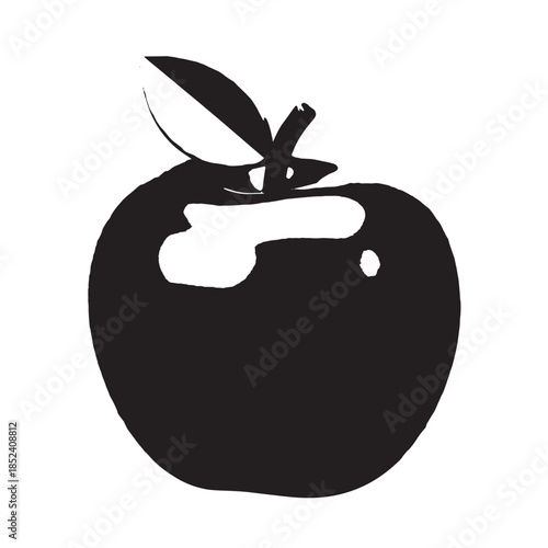 Silhouette of a ripe apple with a leaf on a white background suitable for minimalist design and food symbolism.