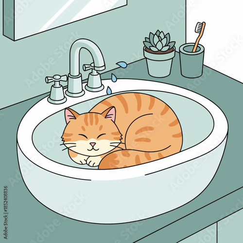 Orange cat sleeping in bathroom sink with plants nearby  