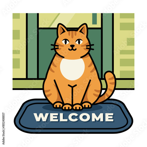 Orange cat sitting on welcome mat at home entrance  