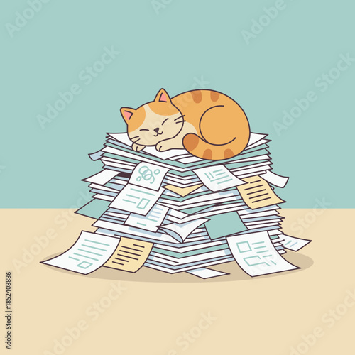 Cat sleeping on a stack of paperwork in a minimal style  