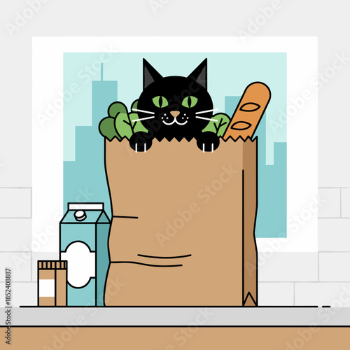 Cat peeking out of paper grocery bag with vegetables and bread  