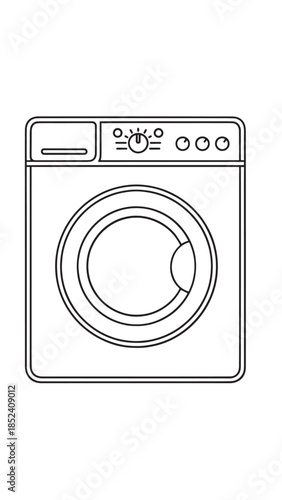 Line art illustration of a front-loading washing machine icon for technology category.
