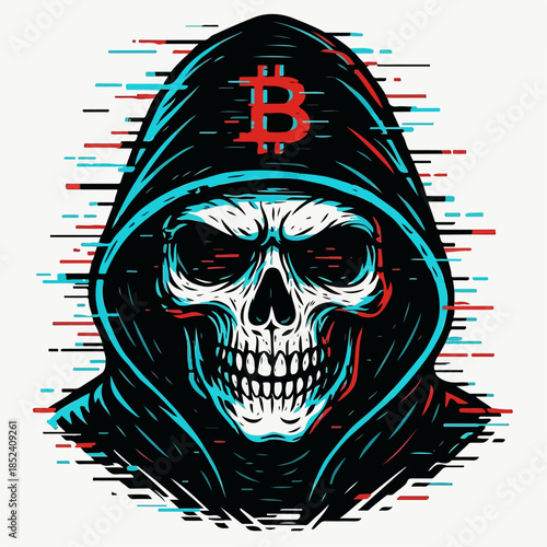 Bitcoin tengkorak hacker style glitch art