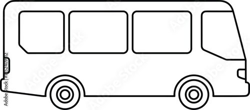 Minimalist bus outline vector illustration featuring a side view of a modern city shuttle or public transportation vehicle for travel icons and school transport concepts.