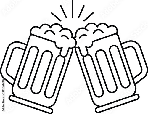Black and white line art icon of two foaming beer mugs clinking together in a celebratory toast isolated on a plain white background
