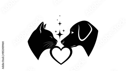 Silhouette illustration of a cat and dog faces in love, symbolizing friendship and affection
