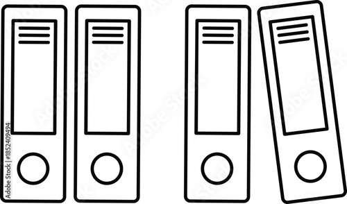 Minimalist black and white line art illustration of four office ring binders organized for document storage