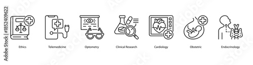 Modern Medical Practice web banner illustration featuring Ethics, Telemedicine, Optometry, Clinical Research, Cardiology, Obstetric, and Endocrinology.