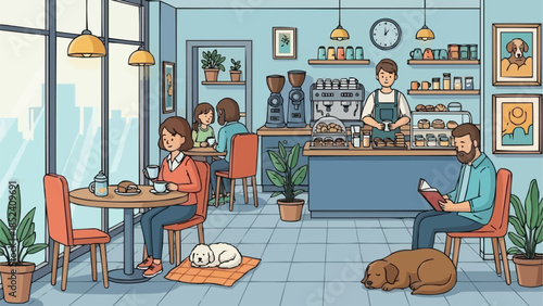 Cozy Coffee Shop Scene with Customers and Dog.