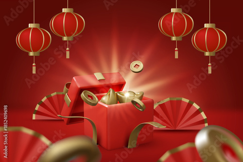3D vector illustration of open red gift box with flying gold ingots and coins. Concept for lunar new year wealth surprise and lucky gift. Luxury and premium festive holiday background.