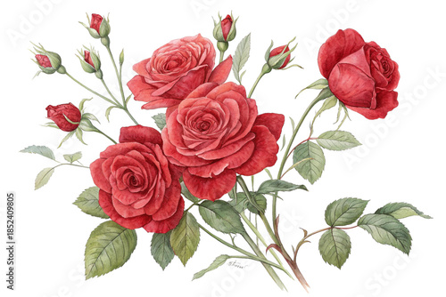 Watercolor-style illustration. Realistic rose illustration. Transparent background. Cutout. Red.