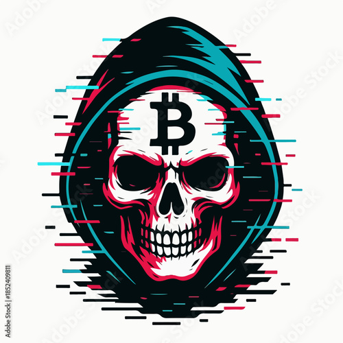 Bitcoin tengkorak hacker style glitch art