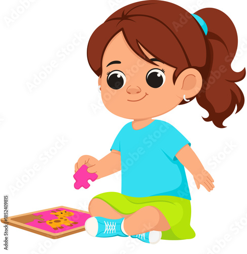 Illustration of Girl Playing with Puzzle