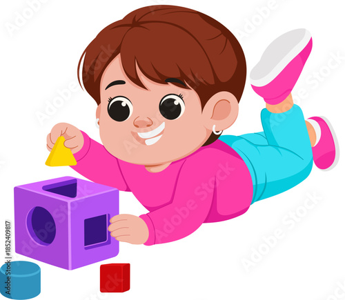 Girl Playing with Shape Sorter Illustration