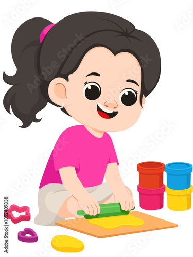 Girl Rolling Dough with Rolling Pin Illustration