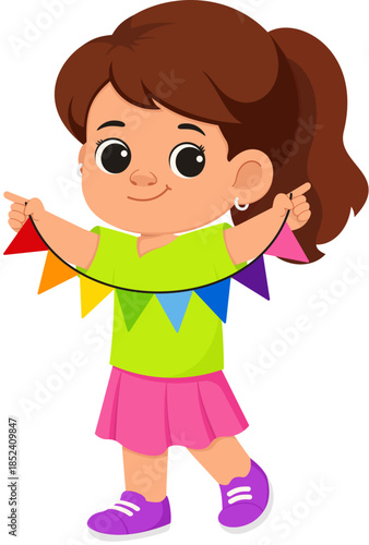 Illustration of Girl Holding Rainbow Bunting
