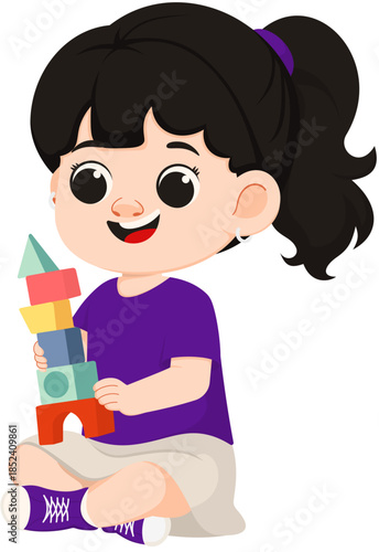 Cartoon Girl Playing with Building Blocks