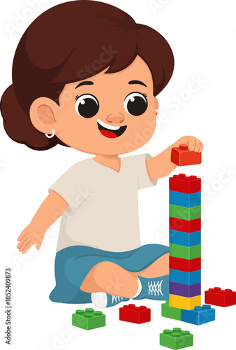 Illustration of Girl Playing with Building Blocks