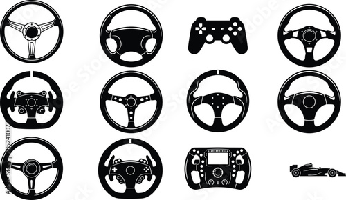 Racing steering wheel and gaming controller silhouettes set, motorsport automotive control icons collection isolated on white background vector illustration