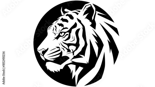 Monochromatic Tiger Head Graphic Illustration Featuring Bold Lines and Sharp Details