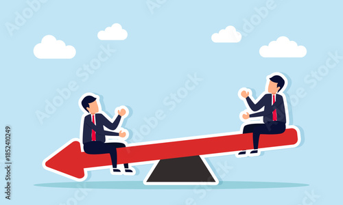 Two businessmen playing on a seesaw forming a downward arrow illustrating a downtrend in business collaboration performance