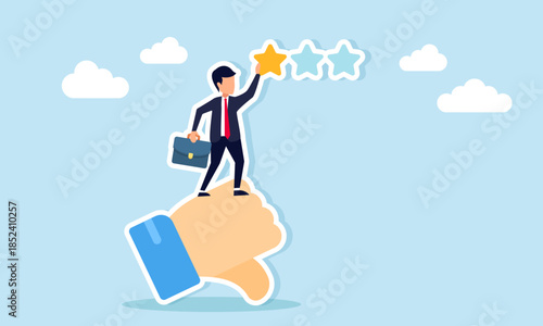 Businessman climbing a thumbs down icon to place one star illustrating dislike negative feedback and poor performance in business