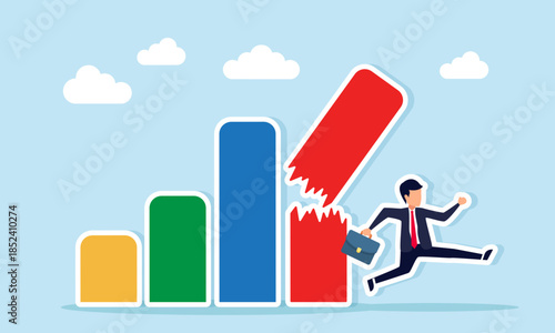 Businessman running to avoid broken chart bars illustrating inconsistent business performance and unstable financial progress of the company