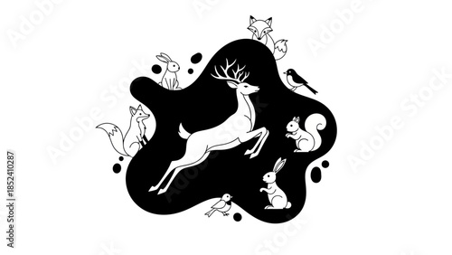 Elegant woodland wildlife illustration featuring deer, fox, rabbit, squirrel and birds artistic