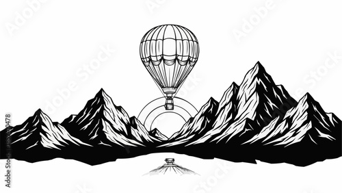 Hot Air Balloon Flying Over Mountains.