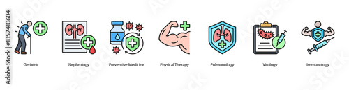 Preventive and Specialized Care web banner illustration featuring Geriatric, Nephrology, Preventive Medicine, Physical Therapy, Pulmonology, Virology, and Immunology.