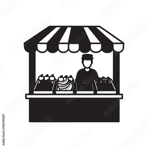 Vendor at a striped canopy market stall displaying fresh breads and produce in an outdoor scene.