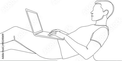 Modern continuous line art vector of a man reclining while using a laptop for remote work freelance lifestyle and relaxed digital connectivity.