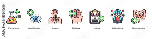 Medical Disciplines web banner illustration featuring Pharmacology, Ophthalmology, Anatomy, Psychiatry, Urology, Epidemiology, and Gastroenterology.