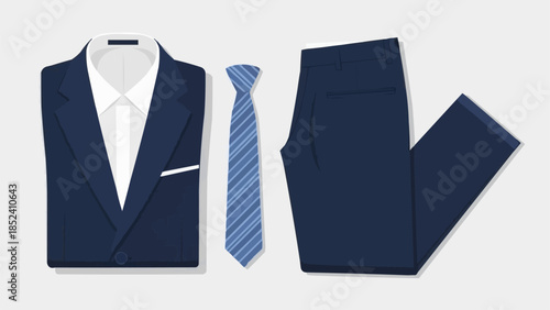 Navy Blue Suit with White Shirt and Striped Tie.